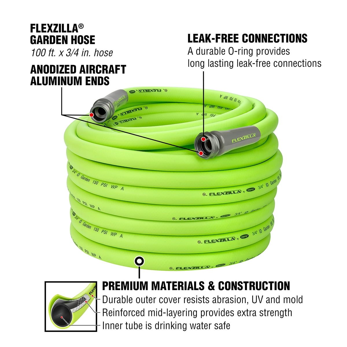 Flexzilla® Garden Hose, 3/4" x 100', Flexible Hybrid Polymer, ZillaGreen®