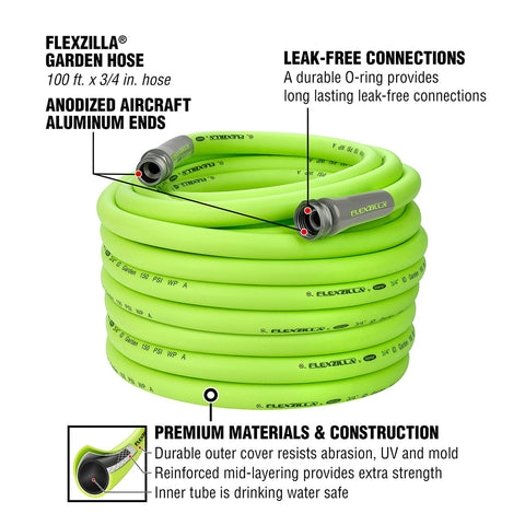 Flexzilla® Garden Hose, 3/4" x 100', Flexible Hybrid Polymer, ZillaGreen®