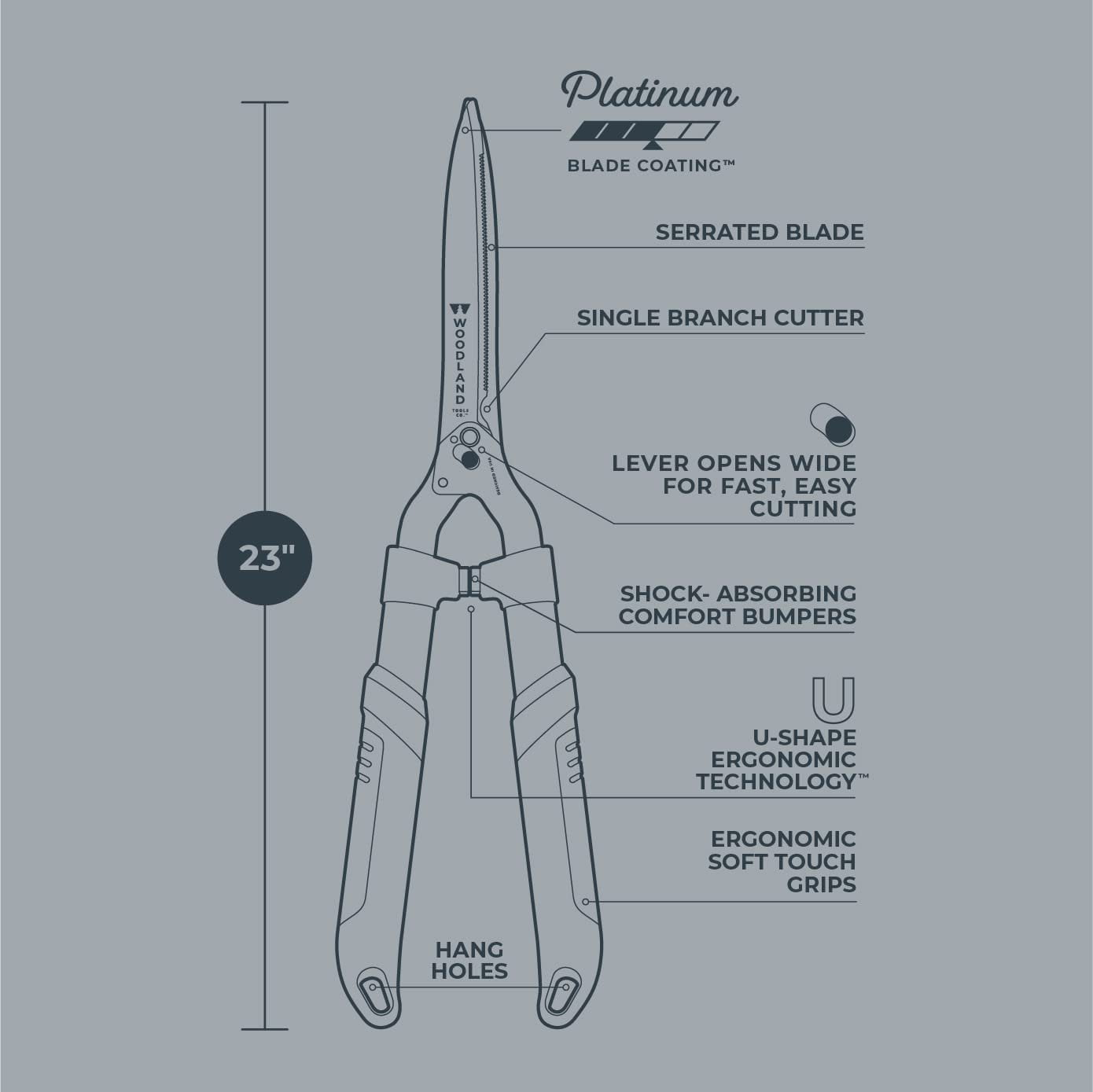 Woodland Tools Co. Heavy Duty 23" LeverAction Hedge Shear, Gardening Hedge Clippers