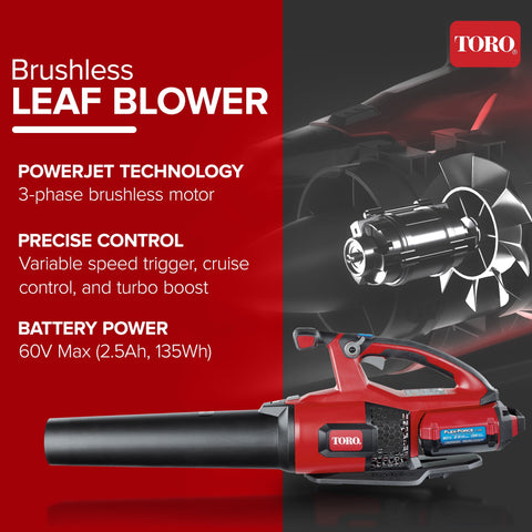 Toro 60-Volt Brushless Cordless Leaf Blower w/2.5 Ah Battery and Charger